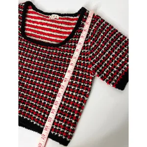 POL Fuzzy Striped Crop Sweater Top Red Black Cream Size Large thumbnail 6