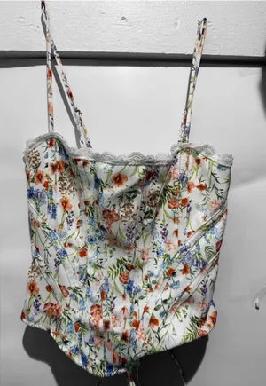 Floral Lace-Trim Spaghetti Strap Corset Top - White/Multicolor thumbnail 1