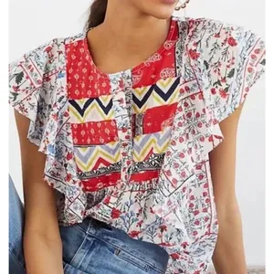 Anthropologie‎ Let Me Be Bandana Button Down Top Womens 6 Patchwork Hippie Boho thumbnail 1