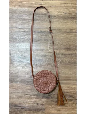 Brown Round Boho Crossbody Bag Woven Embossed Design Tassel Adjustable Strap thumbnail 2