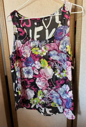 Material Girl Black Floral Sleeveless Tank Top - Pink, Purple & Green Sheer Lrg thumbnail 1