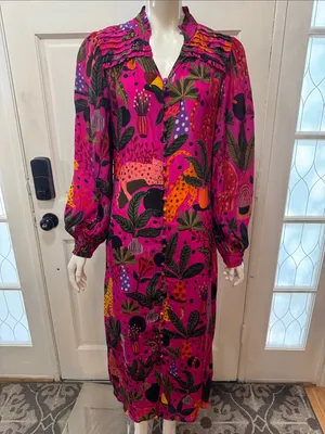 Farm Rio Jungle Print Maxi Dress Womens Pink Leopard Monkey Long Sleeve Sz S thumbnail 3