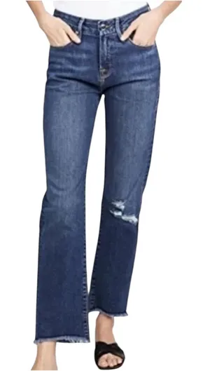 Good American Good Straight Jeans Frayed High Rise Whiskered Distressed Blue 10 thumbnail 1