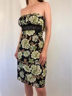 Strapless Green and Brown Floral Lace Y2k Party Dress thumbnail 3