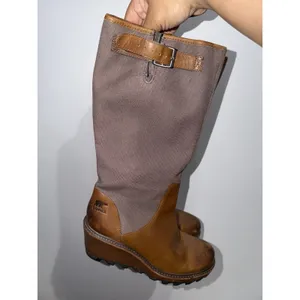 Women's 9.5 Sorel Cool Canvas Boots Brown Leather Knee High Wedge Side Zip Tall‎ thumbnail 7