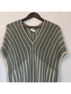 Floris Made in Italy Open Knit Striped Metallic Cover Up Midi Dress Green S/M thumbnail 2