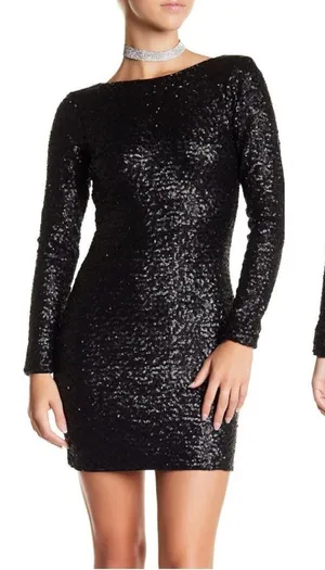 Dress the Population Kelly Black Sequin Open Back Mini Dress L thumbnail 1
