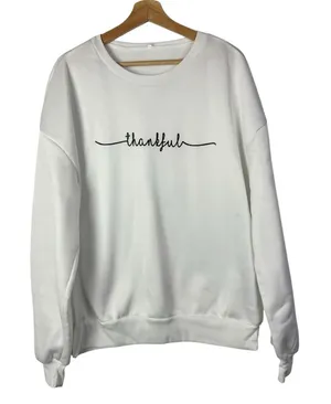 Boutique White Thankful Thanksgiving‎ Fleece Lined Crewneck Sweatshirt M thumbnail 1