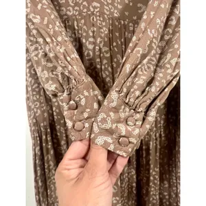 Woman’s Boho Cottagecore Brown Animal Print Long Sleeve Tiered Midi Dress XS thumbnail 6