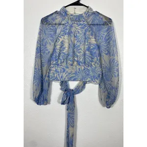 Amanda Uprichard Sheer Floral Cropped Tie Blouse Open Back Mock Neck Blue S thumbnail 6