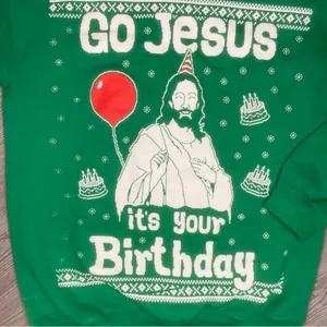 Gildan green funny religious “ go Jesus it’s your birthday “ long sleeve sweater thumbnail 5