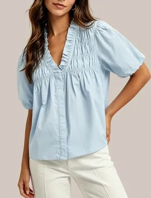 Amazon Women Puff Short Sleeve Blouse Ruffle V Neck Smocked Top Loose Fit Flowy Summer Shirt thumbnail 1
