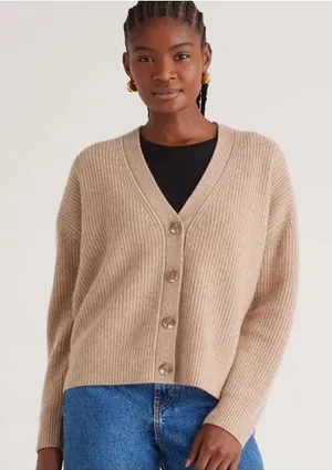 Quince Sweater Women's M Mongolian Cashmere 2.0 Oversized Boyfriend Cardigan Tan thumbnail 1
