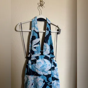 Reiss Kaia Linen Halter Neck Midi Dress‎ Size 6 Black Blue Keyhole Vacation thumbnail 3