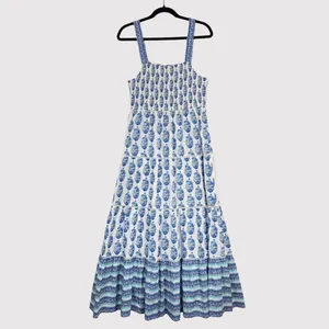 Playa Lucila Maxi Dress Blue Smock Border Tiered Sleeveless Sundress Boho Large thumbnail 3