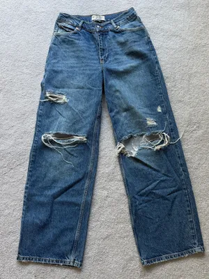 Free People Distressed Straight-Leg Blue Jeans thumbnail 1