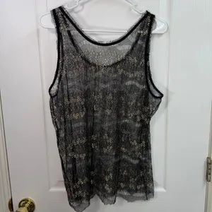 Women's‎ black gold metallic lace crocheted sheer layer tank top swim cover up L thumbnail 5