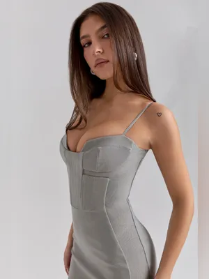 House of CB KIKI Light Grey Mesh Panelled Bodycon Midi Dress M thumbnail 4