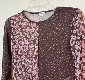 Garage Mesh Shirt Cropped Long Sleeve Pink Brown Mixed Ditsy Floral Layering Med thumbnail 1