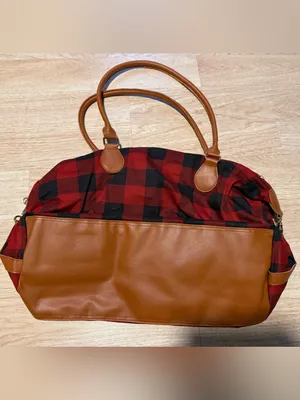 Monogrammed S Red & Black Buffalo Plaid Tote with Tan Handles thumbnail 2