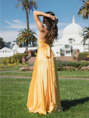 Mac Duggal 49728 Yellow Ruched Halter Neck Tie Back Satin Gown sz 2 NEW thumbnail 3