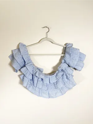 Illa Illa Blue White Gingham Ruffle Off The Shoulder Two Piece Short Set Medium thumbnail 4