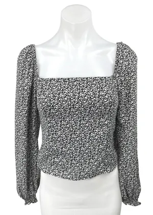 Abercrombie & Fitch Black Floral Square Neck Puff Long Sleeve Crop Top Blouse S thumbnail 1