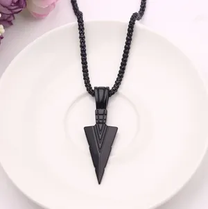 Black Arrowhead Mens Arrow Pendant Necklace 24" Chain - Native American Style thumbnail 2