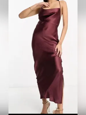 ASOS Design Cami Maxi Slip Dress in High Shine Satin lace up back Burgundy 10 thumbnail 7