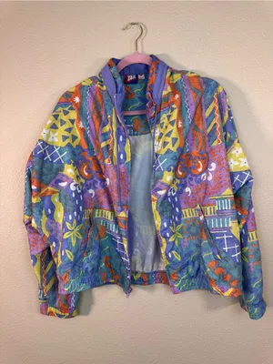 Vintage Blue Pink Pastel 90s Printed Windbreaker Jacket Womens M Casual Colorful thumbnail 10