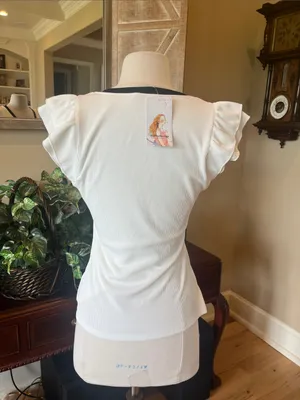 Women's off White V-Neck Ruffle Sleeve Top with Black Trim thumbnail 6