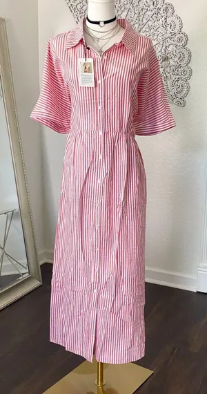 Source Unknown NWT Casual Red White Striped Midi Maxi Blouse Button Up Dress 3XL thumbnail 1