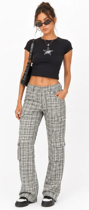 American Threads Plaid Cargo Wide Leg Pants Tan Utility Streetwear Size Medium thumbnail 1