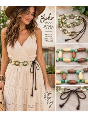 Boho Wood Beaded Tie Belt Green Brown Cream Adjustable Hippie Festival thumbnail 2
