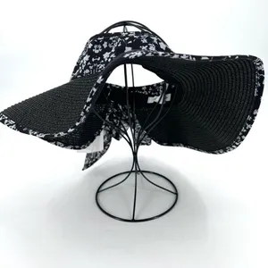 Laundry By Design Packable Wide Brim‎ Visor Hat Black Floral Trim Travel NWT thumbnail 2