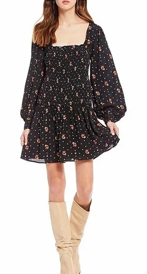 Free People Two Faces Smocked‎ Printed Mini Dress Black Combo Size Large thumbnail 1