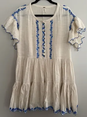 Free People Santiago Embroidered Boho Mini Dress Ivory and Blue‎ Size Medium thumbnail 1