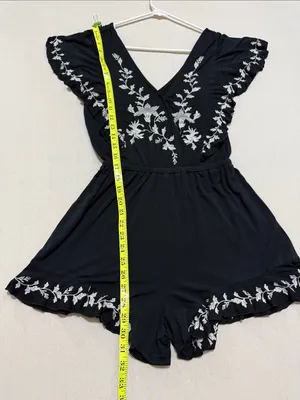 American Eagle Outfitters Black Romper with White Floral Embroidery Accents thumbnail 5