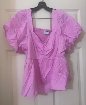 Old Navy Lavender Pink Puff-Sleeve Peplum Blouse thumbnail 1