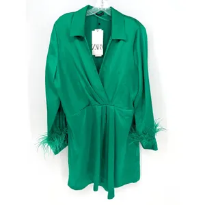 Zara Satin Feather Mini Autumn Wedding Guest Dress‎ Women XL Green Glam Holiday thumbnail 4