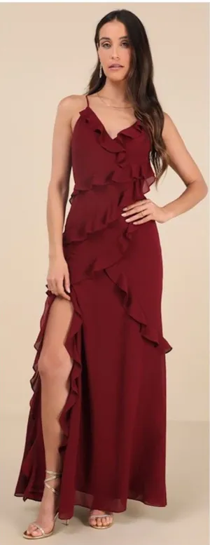 Lulus Fancy Sweetness Wine Red Ruffled Lace-Up Sleeveless Maxi Dress Size XL NWT thumbnail 1
