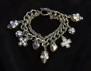Chunky silver tone crosses, hearts and skulls charm bracelet thumbnail 2