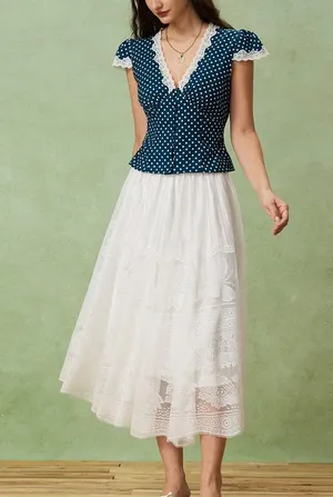 Rihoas Blue Polka Dot Lace Trim Blouse thumbnail 4