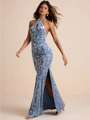 Lulus Sharon Slate Blue Velvet Burnout Halter Maxi Dress - Size XL thumbnail 4