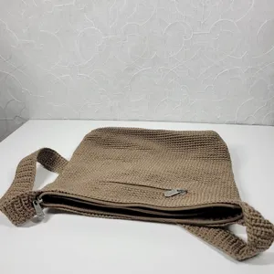 Vintage Sak Crochet Shoulder Bag 10" Dark Tan Nylon Ladies Handbag Pockets thumbnail 15