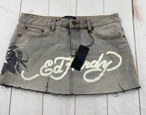Ed Hardy Gray Denim Mini Skirt with White Script Logo thumbnail 1