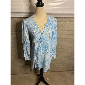 Charlie Holiday Blue White Leaf Print Lace Up Tunic Cover Up Dress XS‎ thumbnail 3