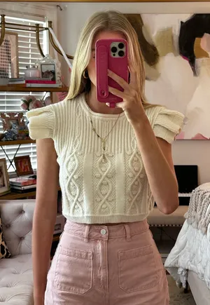 Cream Cable Knit Cropped Sweater Top Tan thumbnail 1