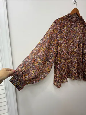 Mango Sheer Floral High-Neck Balloon Sleeve Blouse Size 8 thumbnail 4
