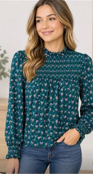 Boden Green Smocked Floral Blouse size 8 thumbnail 1